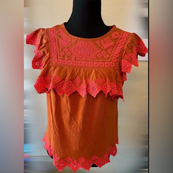 Anthropologie Rica Embroidered Top Orange XS - Picture 2 of 14